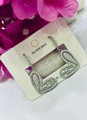 92.5 Pure Silver Hanging Heart Shape AD Stone Earrings