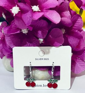 92.5 Pure Silver Hanging Red Strawberry Shape Earrings