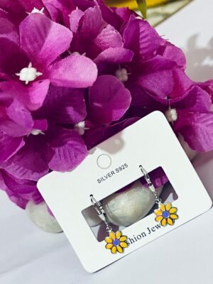 92.5 Pure Silver Hanging Yellow Flower Design Earrings