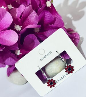 92.5 Pure Silver Hanging Red Flower Design Earrings