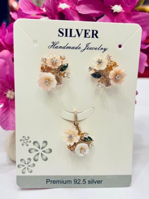 WhatsApp Image 2026-06-25 at 8.29.05 PM 92.5 Pure Silver MOP Rose Gold Flower Pendant With Eartops (Without Chain)