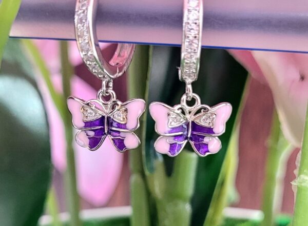 92.5 Pure Silver Hanging Premium Pink Blue Butterfly Earrings