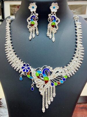 WhatsApp Image 2026-09-07 at 11.50.00 PM 92.5 Pure Silver Floral Peacock Minakari Necklace With Earrings