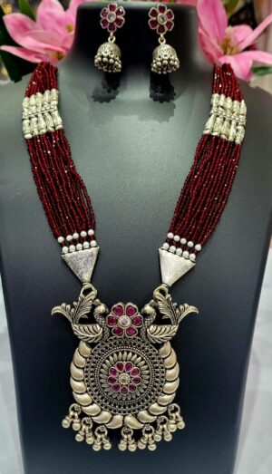 WhatsApp Image 2026-09-03 at 1.53.08 PM 92.5 Pure Silver Oxidize Design Red Beads Long Sitahar With Jhumka