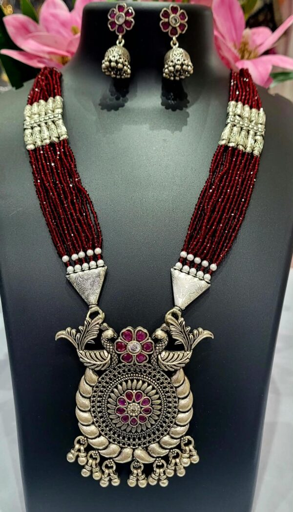 92.5 Pure Silver Oxidize Design Red Beads Long Sitahar With Jhumka
