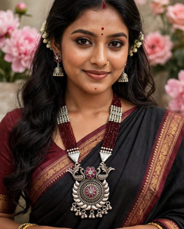 92.5 Pure Silver Oxidize Design Red Beads Long Sitahar With Jhumka